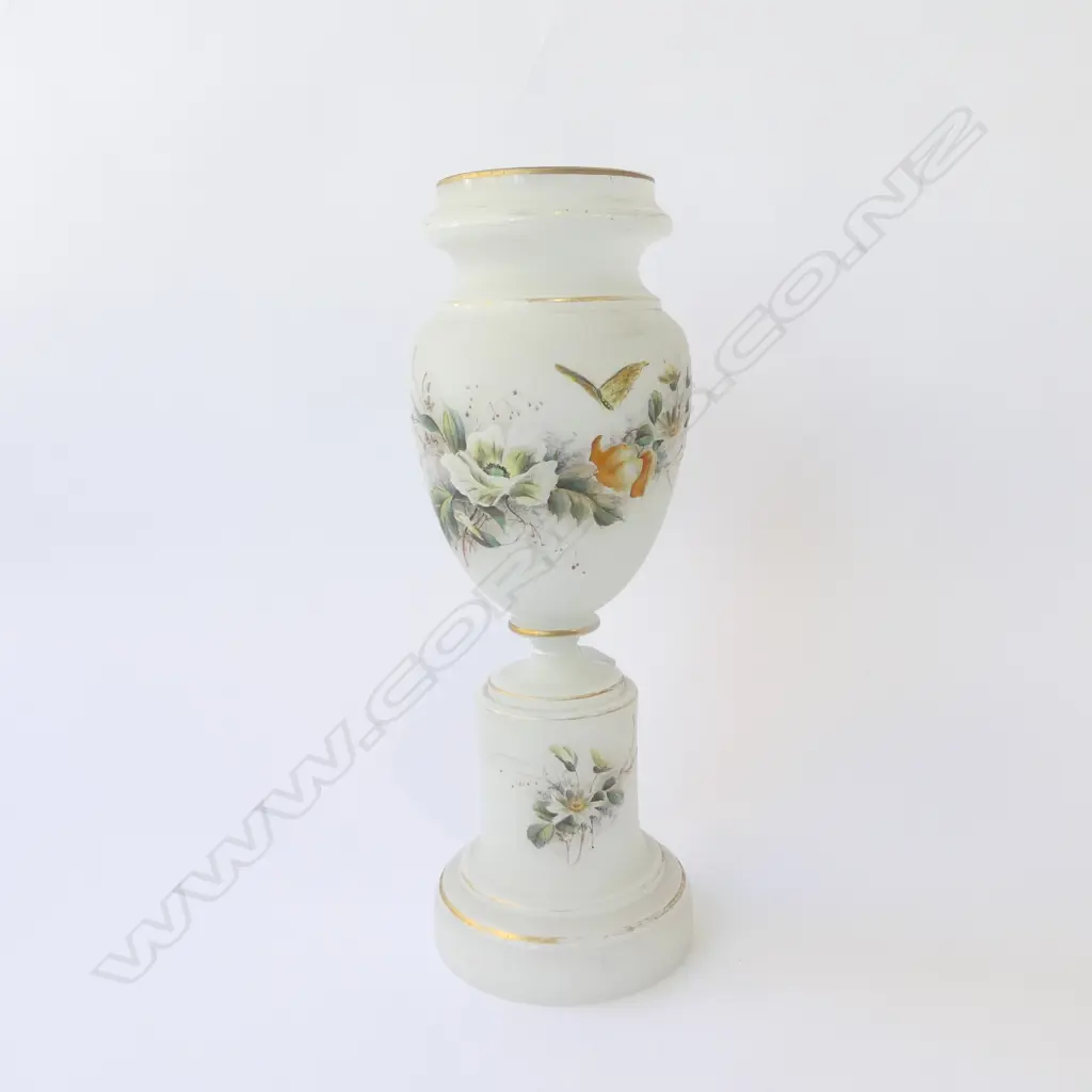 EDWARDIAN HAND PAINTED MILK GLASS VASE H400MM Image 1++