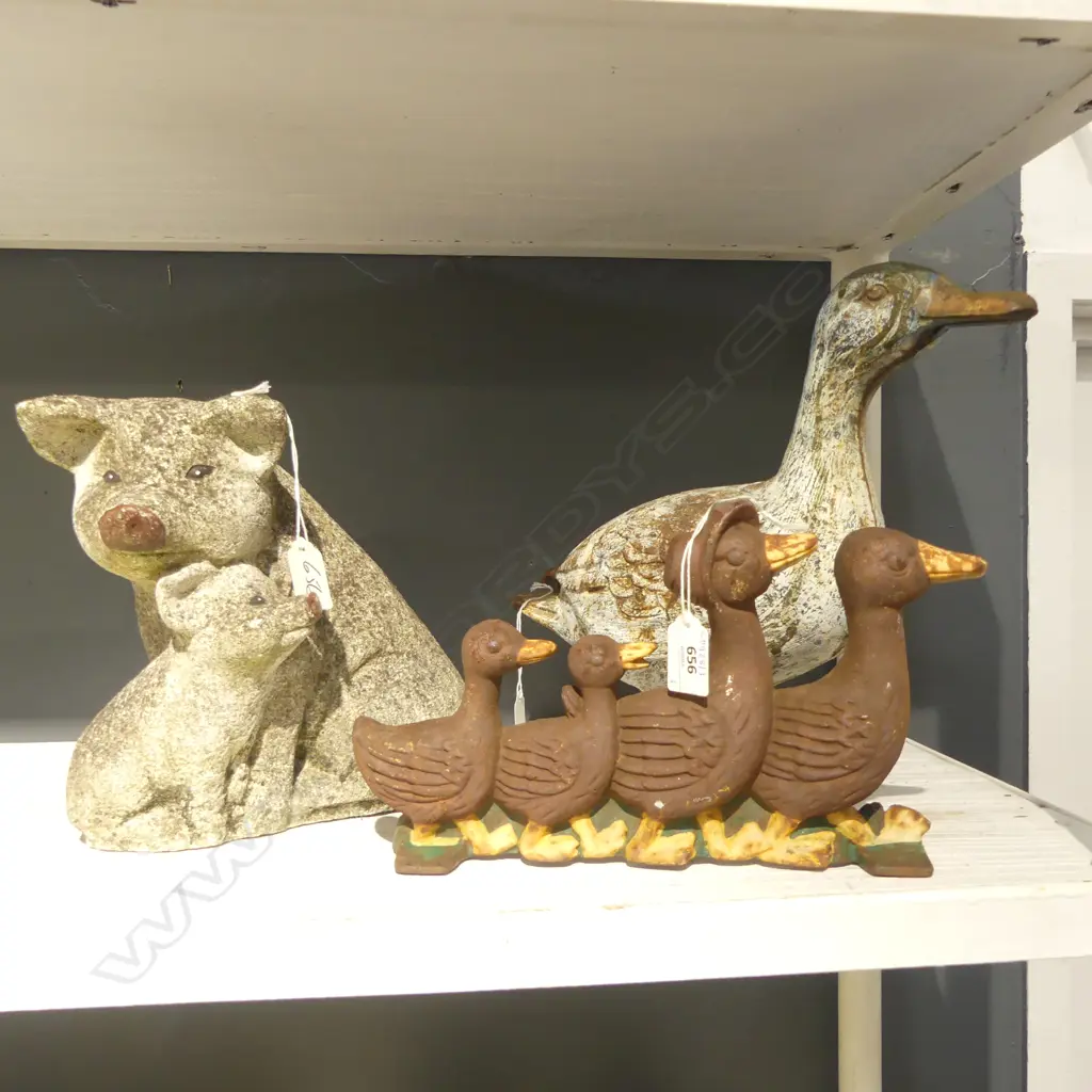 3 GARDEN ORNS CAST IRON DUCK H285MM (full of water) DUCK DOORSTOP & CONCRETE PIG H250MM Image 1++