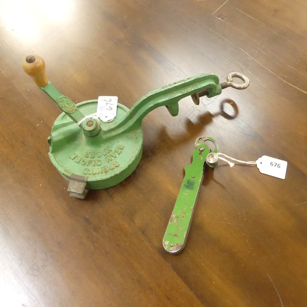 OLD 'SPONGERS BEAN SLICE' 1940S WITH SIMILAR AGED CAN OPENER Image 1++