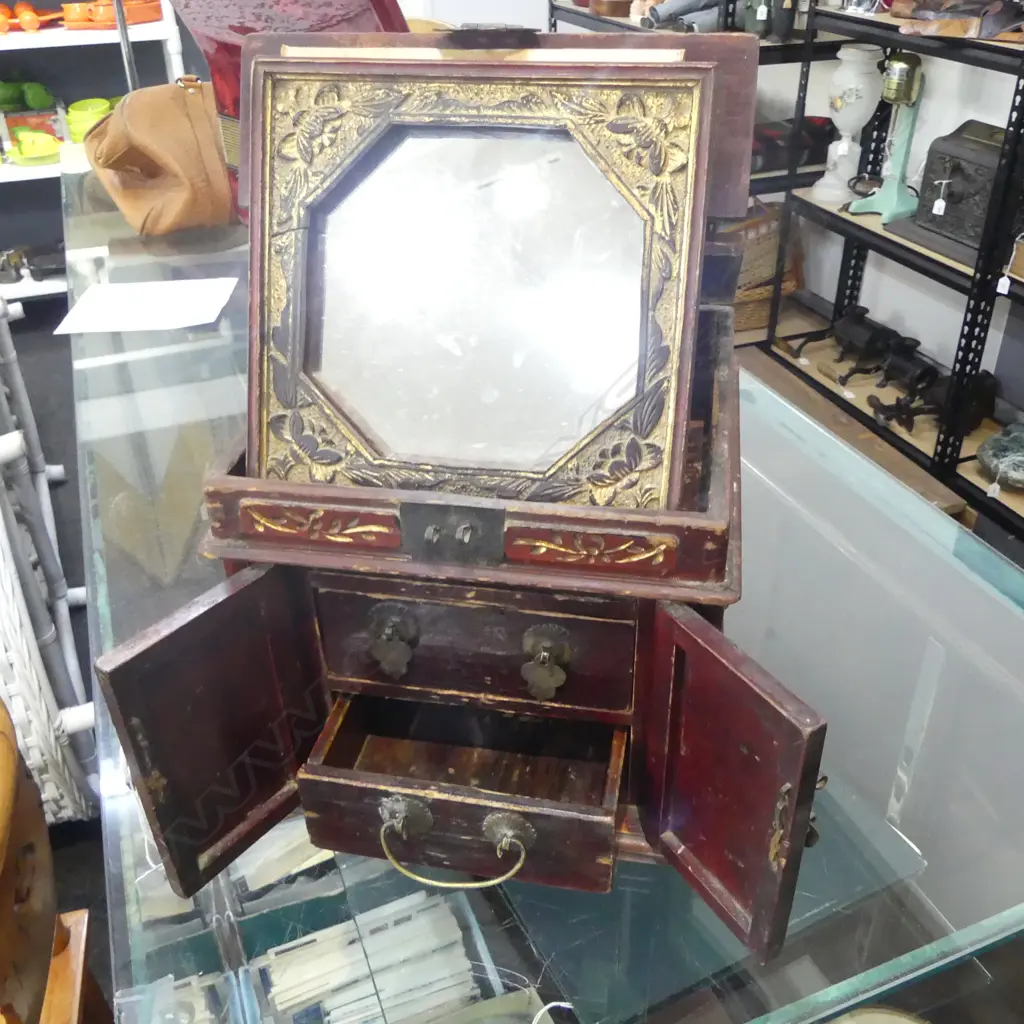 VINTAGE ORIENTAL JEWELLERY BOX w. FOLDING MIRROR TOP 240x240x215mm Image 1++