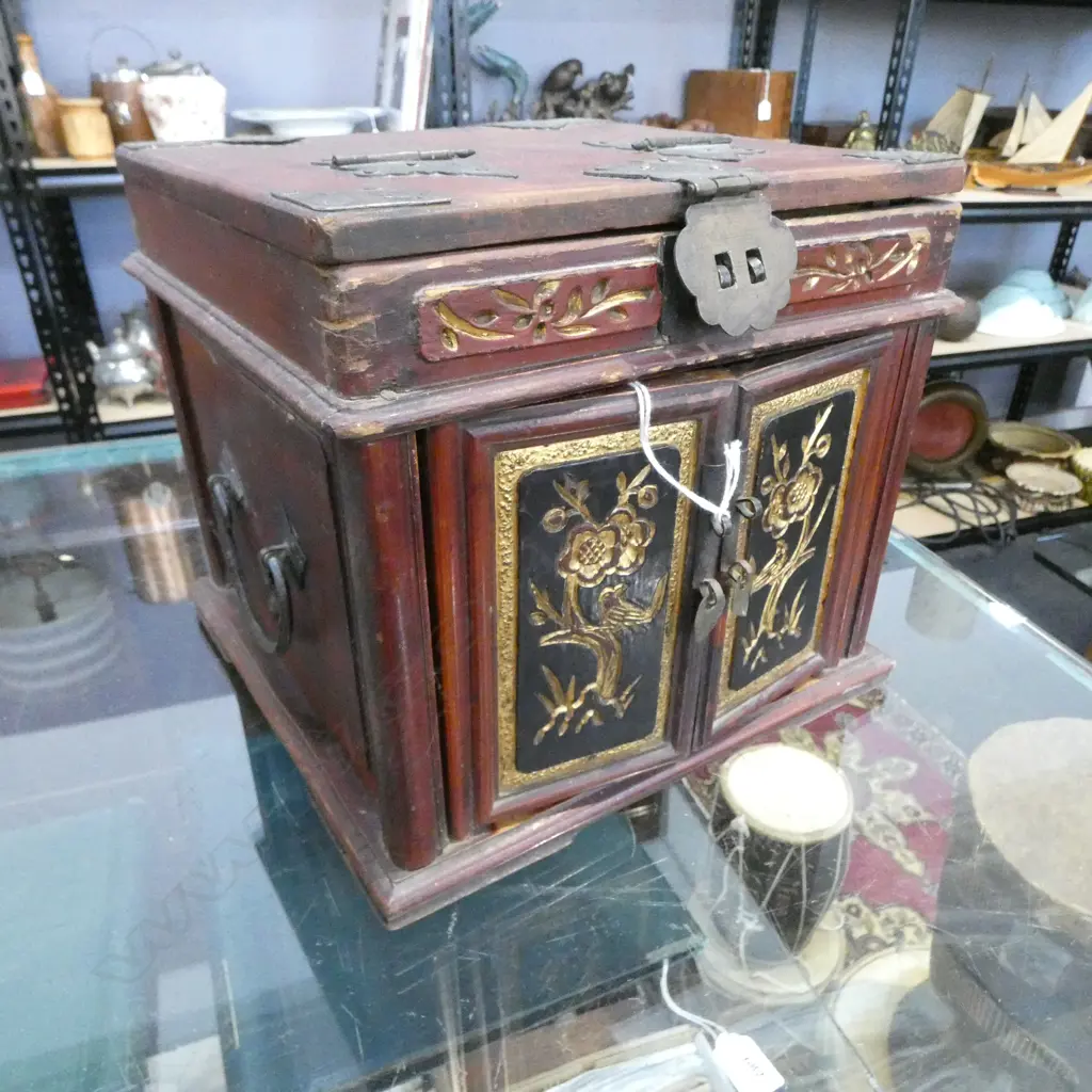 VINTAGE ORIENTAL JEWELLERY BOX w. FOLDING MIRROR TOP 240x240x215mm Image 1++