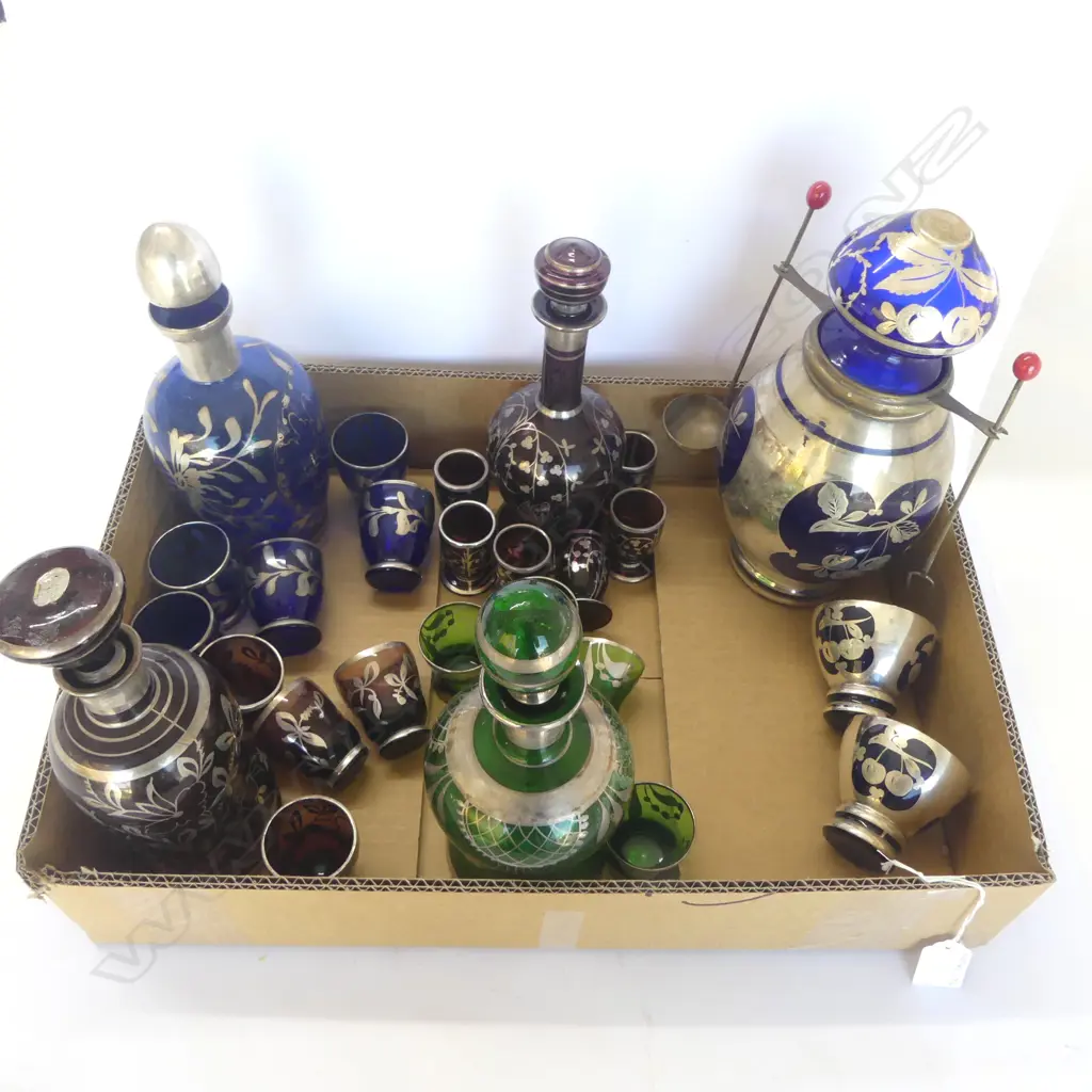 5 SILVER OVERLAY DECANTER SETS & GLASSES Image 1++