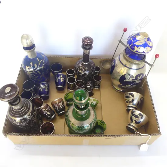 5 SILVER OVERLAY DECANTER SETS & GLASSES