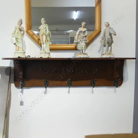 EDWARDIAN OAK 5 HOOK WALL MOUNTED COAT RACK SHELF L840MM