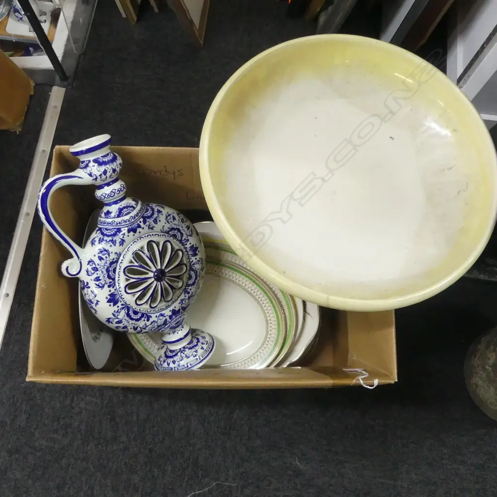 BOX LOT AHETS  RD BOWL CRACKED & BOCH B/WHITE CHINA JUG H370MM Image 1++