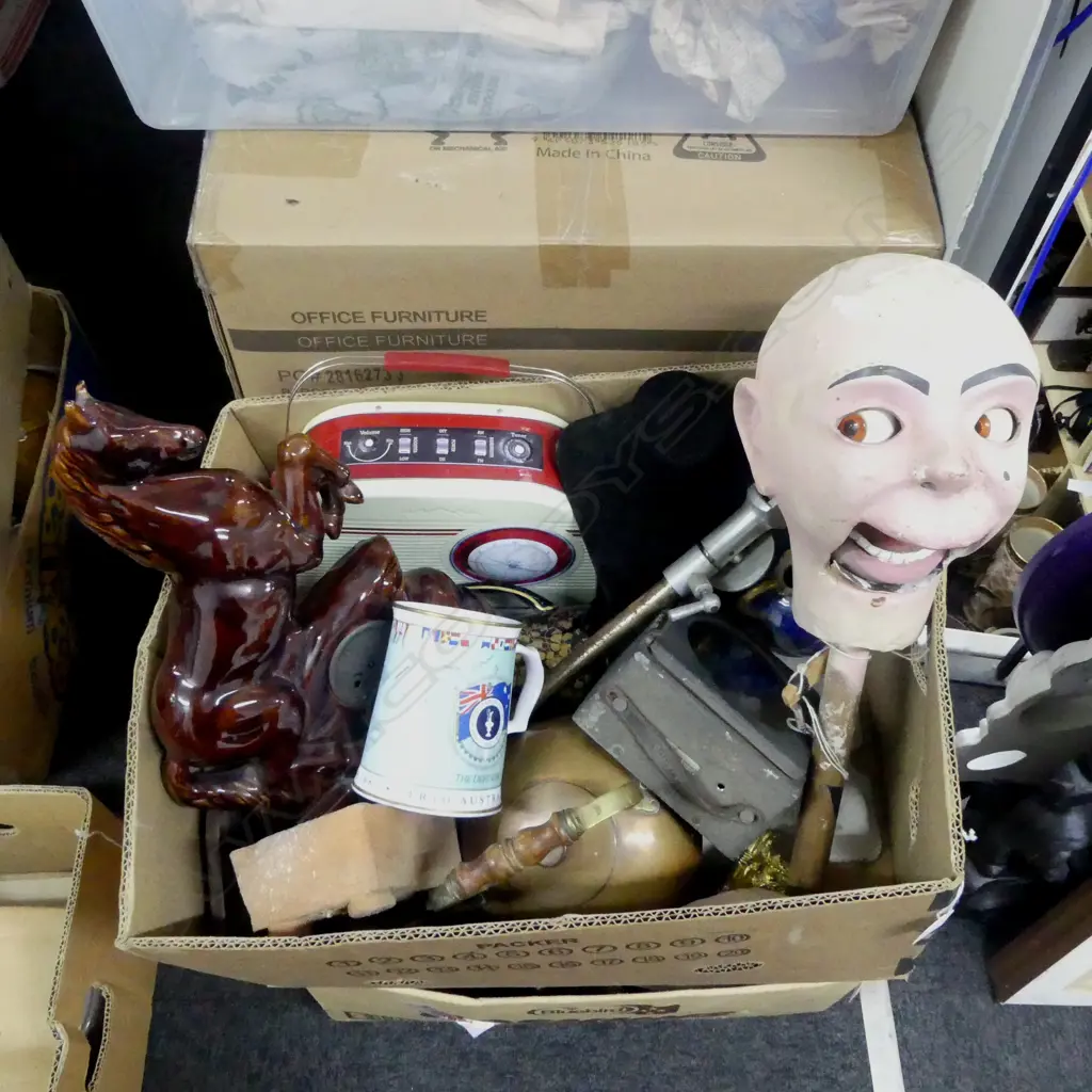COLLECTION OF ASST. INCLUDING CHINA HORSE CLOCK, VENTRILOQUIST DOLLS HEAD, etc Image 1++
