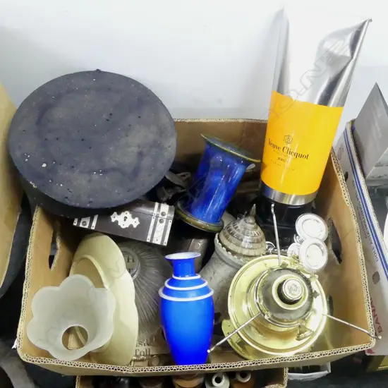 COLLECTION OF ASST. INCLUDING POTTERY, KEROSENE LAMP, EP, etc