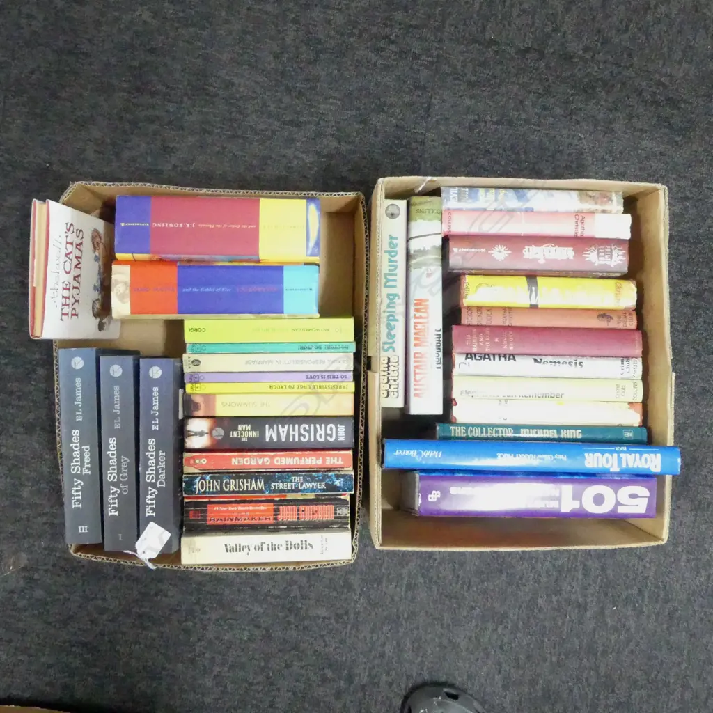 2 BOXES BOOKS INCLD; AGATHA CHRISTIE, HARRY POTTER & FIFTY SHADES of GREY Image 1++