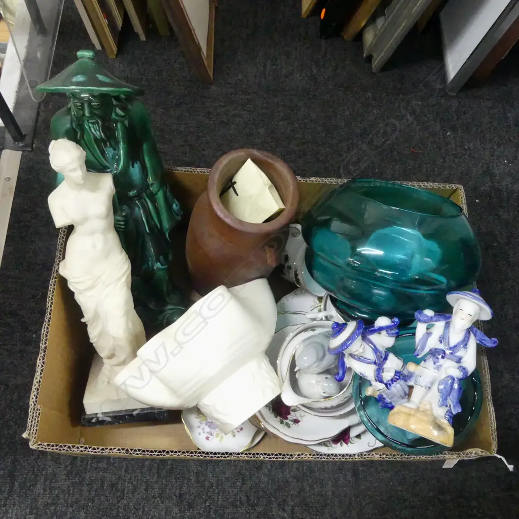 ASST. CHINA; TEA SET, WHITE BESWICK VASE, GREEN ORIENTAL FIGURE ETC Image 1++
