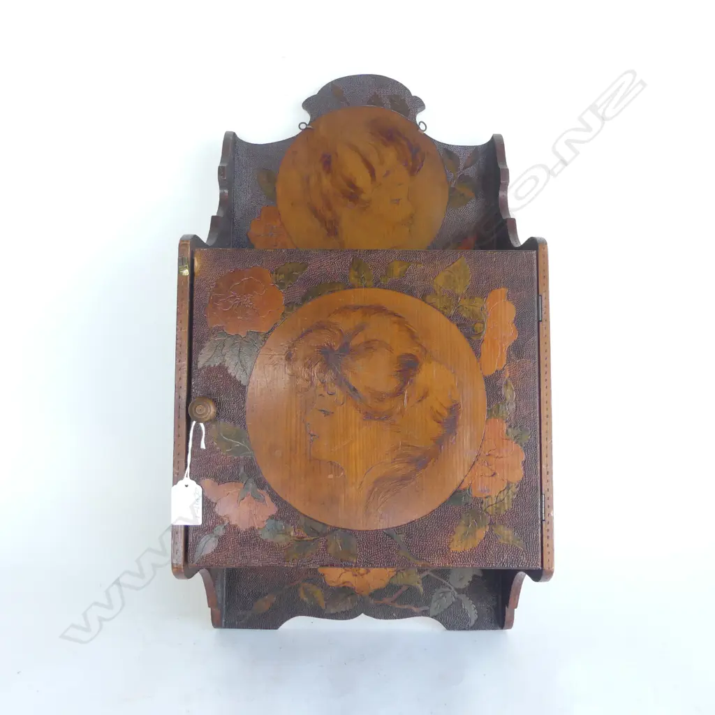 ART NOUVEAU POKERWORK WALL HANGING CABINET, H.580 x 300mm Image 1++