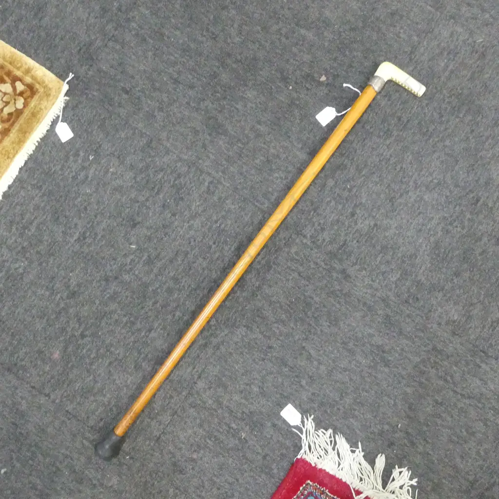 c1900 WHALES TOOTH HANDLED & MALACA CANE WALKING STICK with woven silver wire mount Image 1++
