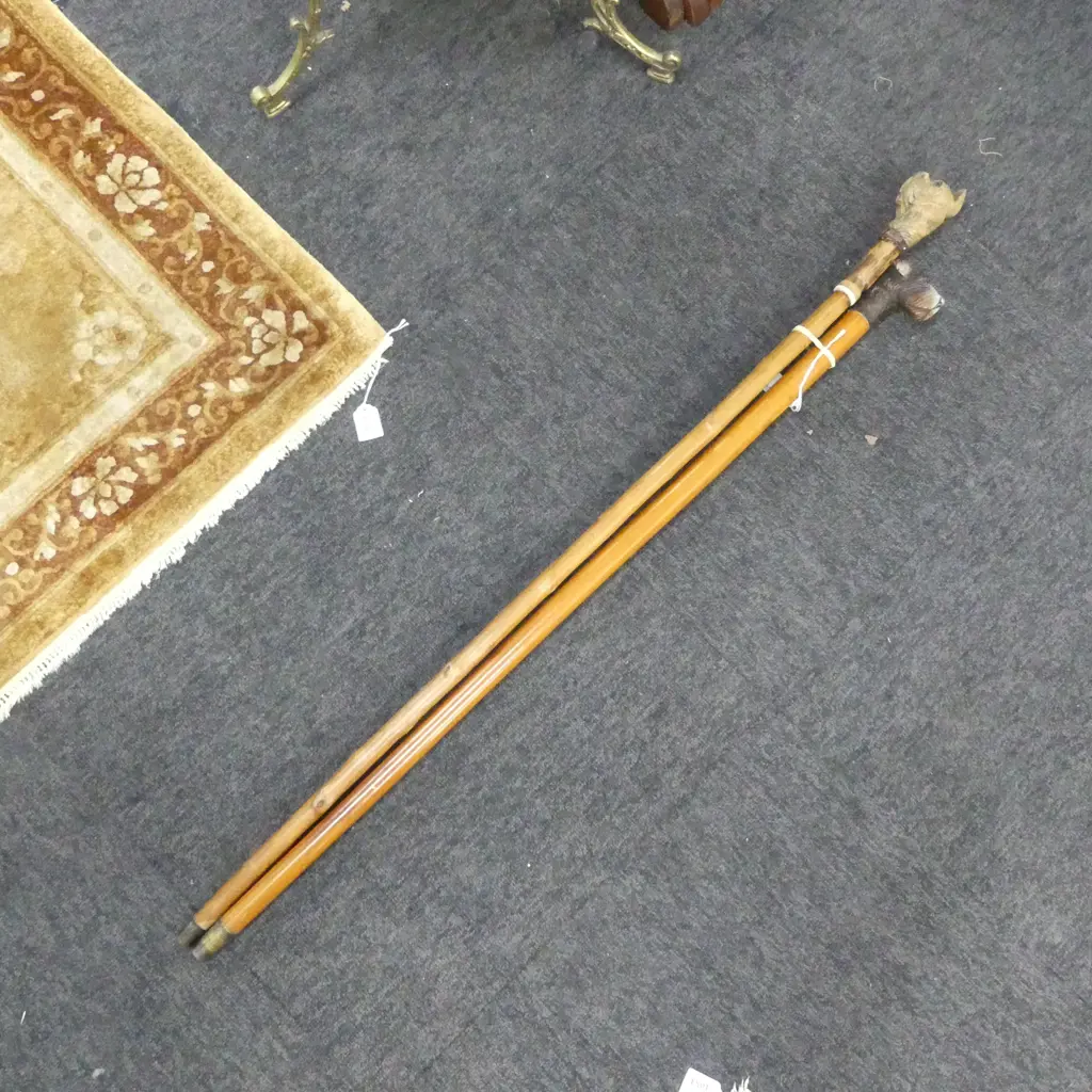 2 vintage CARVED WOOD DOG HEAD WALKING STICKS  with wooden shafts Image 1++