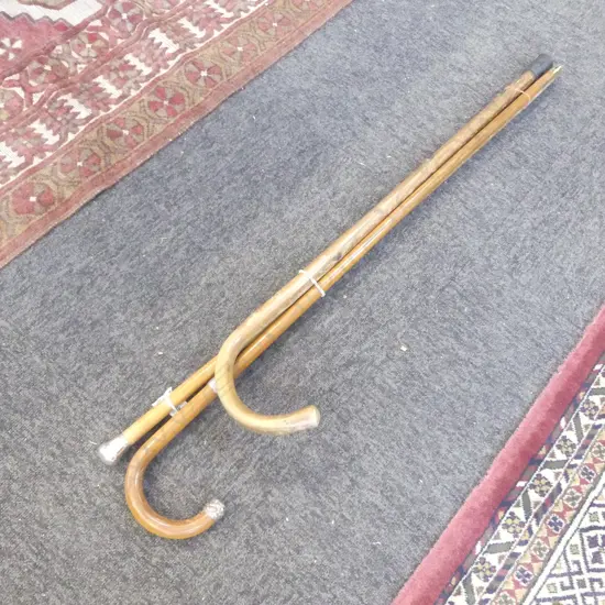 3 OLD WALKING STICKS 2 with silver tops