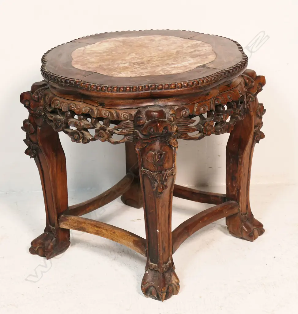 CHINESE CARVED ROSEWOOD MARBLE TOPPED TABLE 440x330x450mm Image 1++