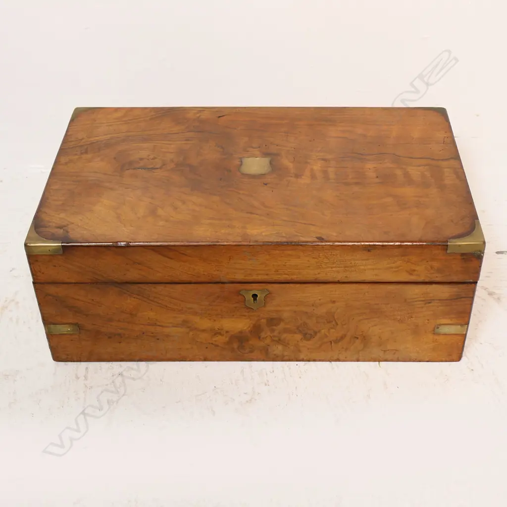 ANTIQUE BRASS BOUND & INLAID WRITING SLOPE W.405mm w. ASST. PENS, PAPER, etc Image 1++