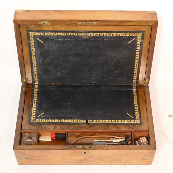ANTIQUE BRASS BOUND & INLAID WRITING SLOPE W.405mm w. ASST. PENS, PAPER, etc
