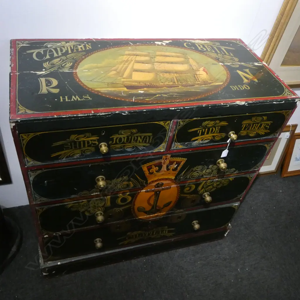 VICT. ANTIQUE PINE CHEST later painted with naval themes 'Captain C. Bell R.N. H.M.S. Dido Image 1++
