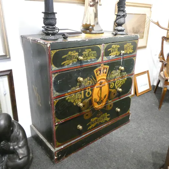 VICT. ANTIQUE PINE CHEST later painted with naval themes 'Captain C. Bell R.N. H.M.S. Dido