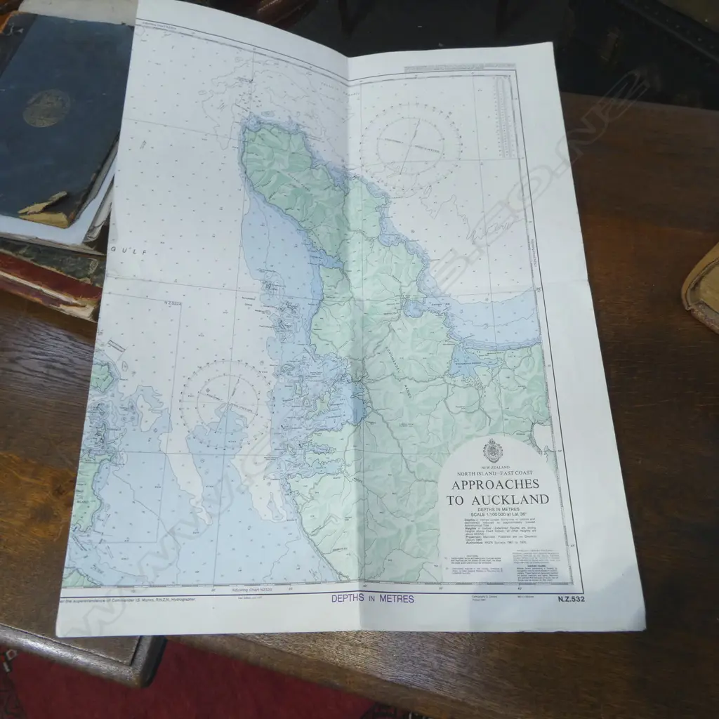 NAVAL CHART OF APPROACHES TO AUCKLAND; PRINTED 1991 720mm x 1100mm Image 1++