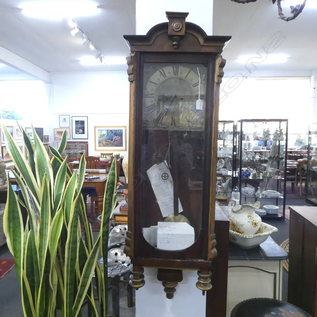 19thC DROP PENDULUM WALL CLOCK BRASS DIAL NAMED 'THOMAS THATCHER TENTER DEN'. H.1130mm *NO WEIGHTS Image 1++