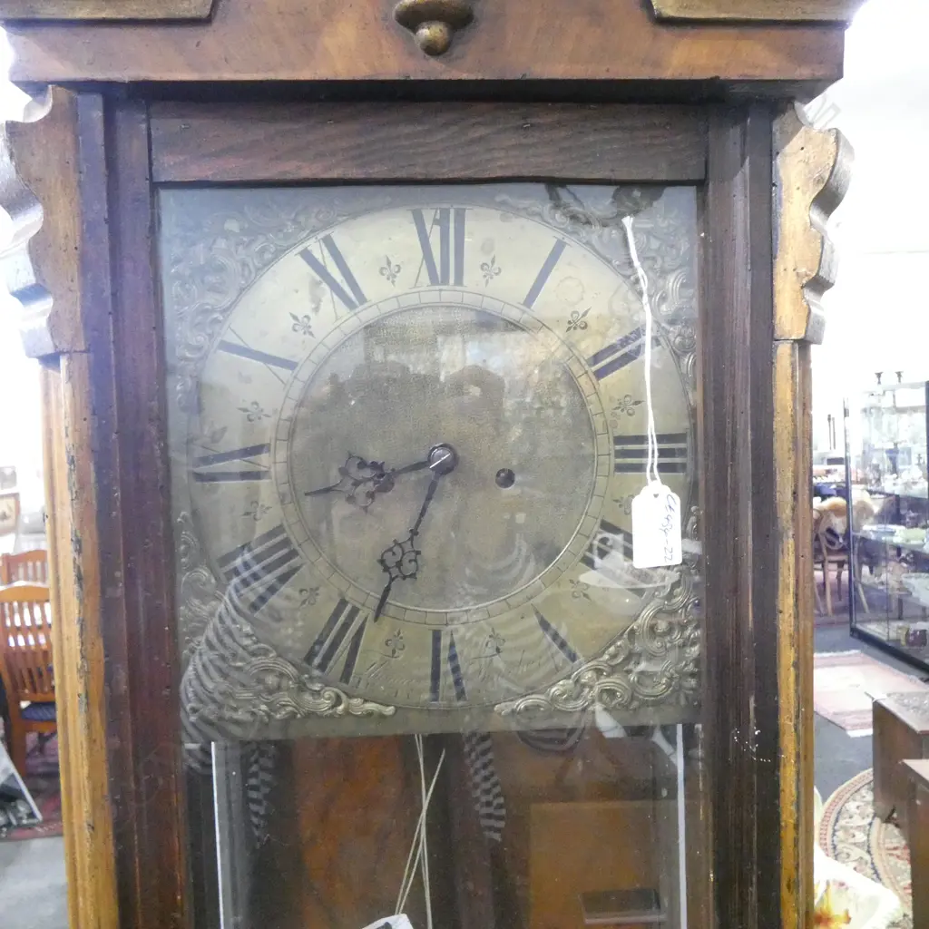 19thC DROP PENDULUM WALL CLOCK BRASS DIAL NAMED 'THOMAS THATCHER TENTER DEN'. H.1130mm *NO WEIGHTS Image 1++