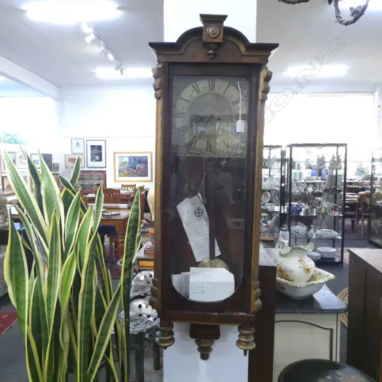 19thC DROP PENDULUM WALL CLOCK BRASS DIAL NAMED 'THOMAS THATCHER TENTER DEN'. H.1130mm *NO WEIGHTS