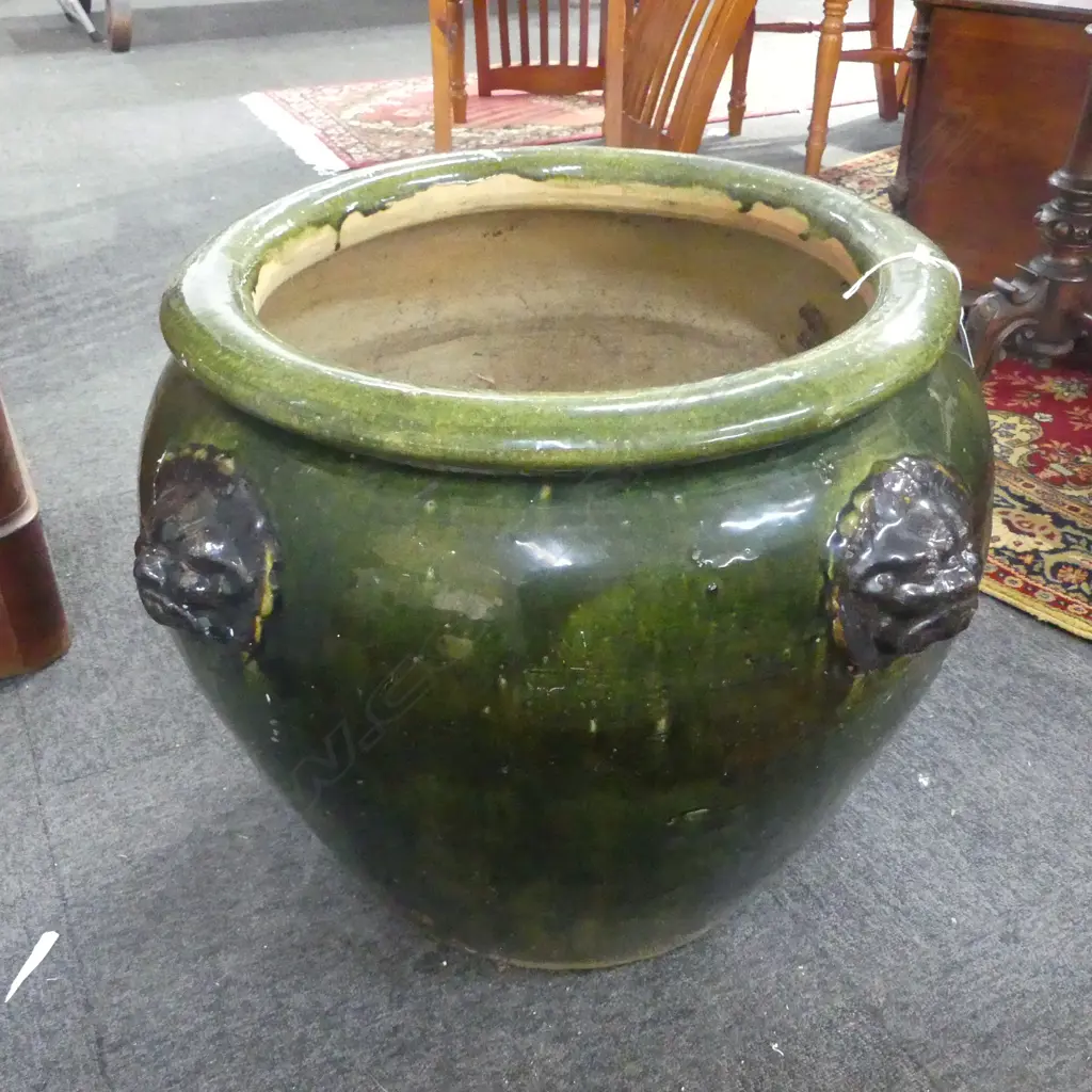 LARGE TERRACOTTA GREEN GLAZED POT EMBLESHED WITH 4 LION HEADS HEIGHT 500mm Image 1++