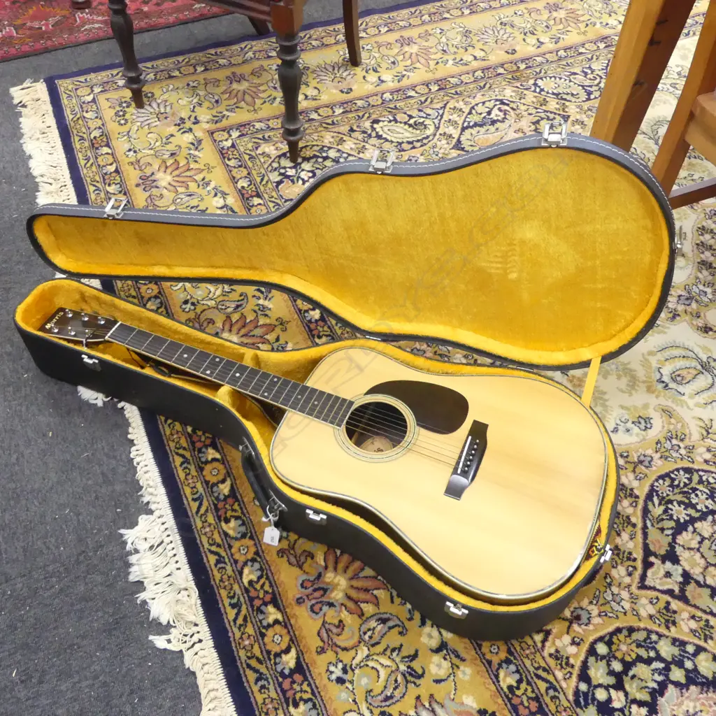 VINTAGE MORRIS 'W30' ACOUSTIC GUITAR, STRAO AND IN CASE labelled inside w. inspection signature, abalone inlaid border Image 1++