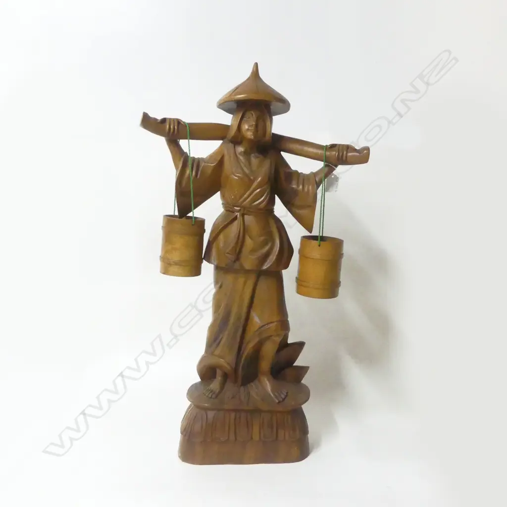 ORIENTAL CARVED WOOD BUCKET CARRIER FIGURE H760MM Image 1++