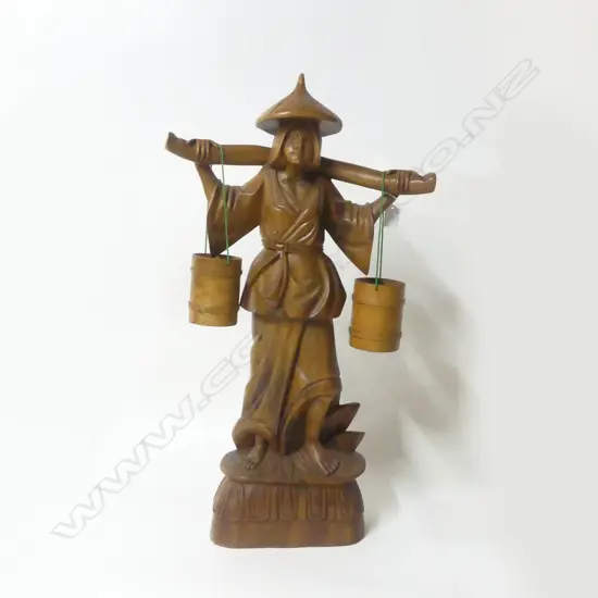 ORIENTAL CARVED WOOD BUCKET CARRIER FIGURE H760MM