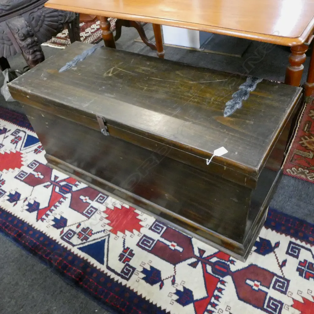 Vintage dark stained PINE TRUNK. hinged lid. some chips to edge molding W.1080mm Image 1++