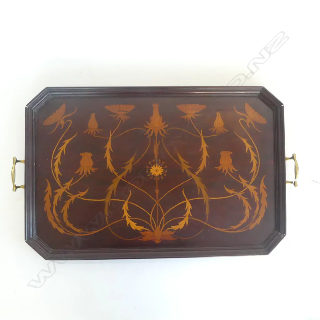 c.1900 ART NOUVEAU INLAID MAHOGANY TRAY entwined tendril florals. Brass handles  W.670mm  Image 1++