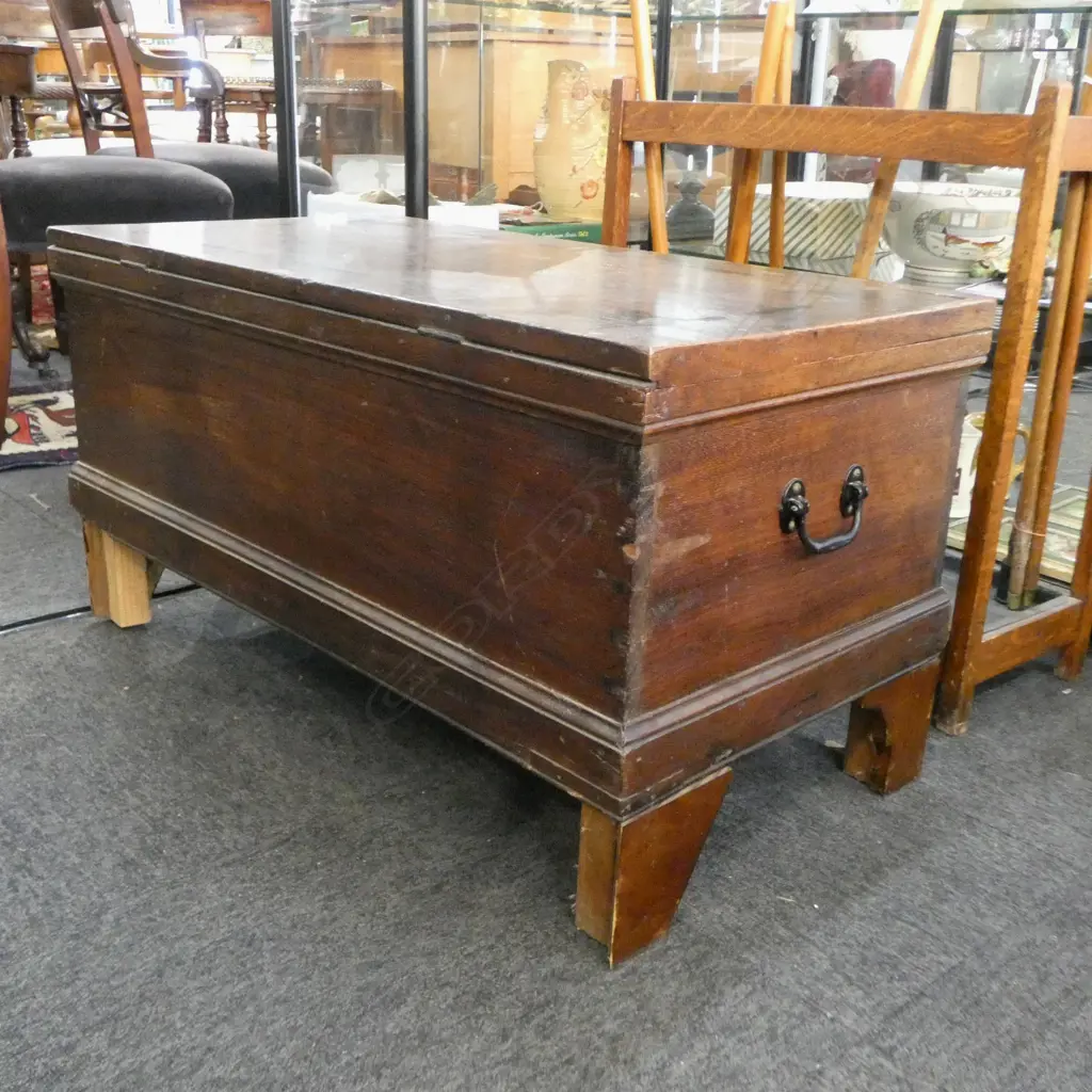19thC MAHOGANY HINGED LID TRUNK on later bracket feet W.915mm Image 1++