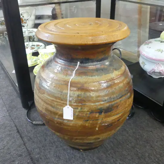 LARGE SIGNED STUDIO POTTERY JAR WITH TURNED WOOD LID H400MM