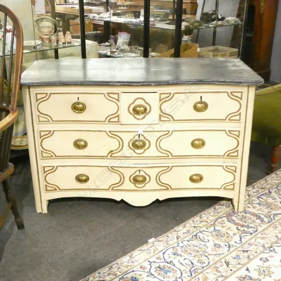 ANTIQUE PAINTED 5 DRAWER CHEST 1260x620x750mm. Painted faux marble top. IN RUSTIC CONDITION