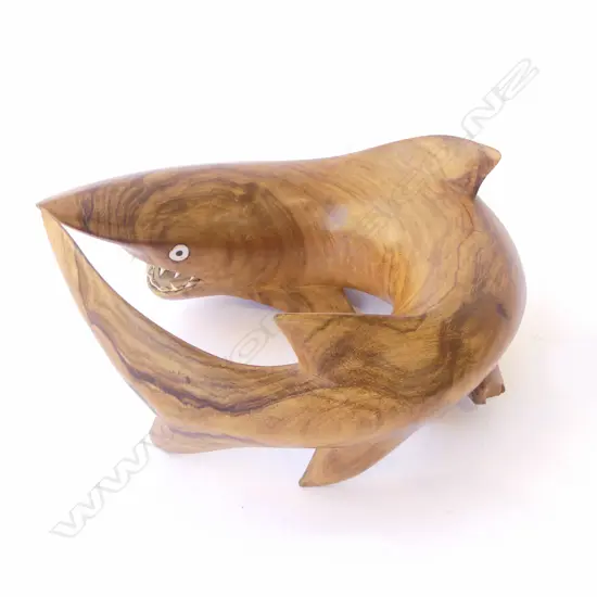 CARVED WOODEN SHARK WITH INLAID EYES AND SHARK TOOTH TEETH W. 230mm