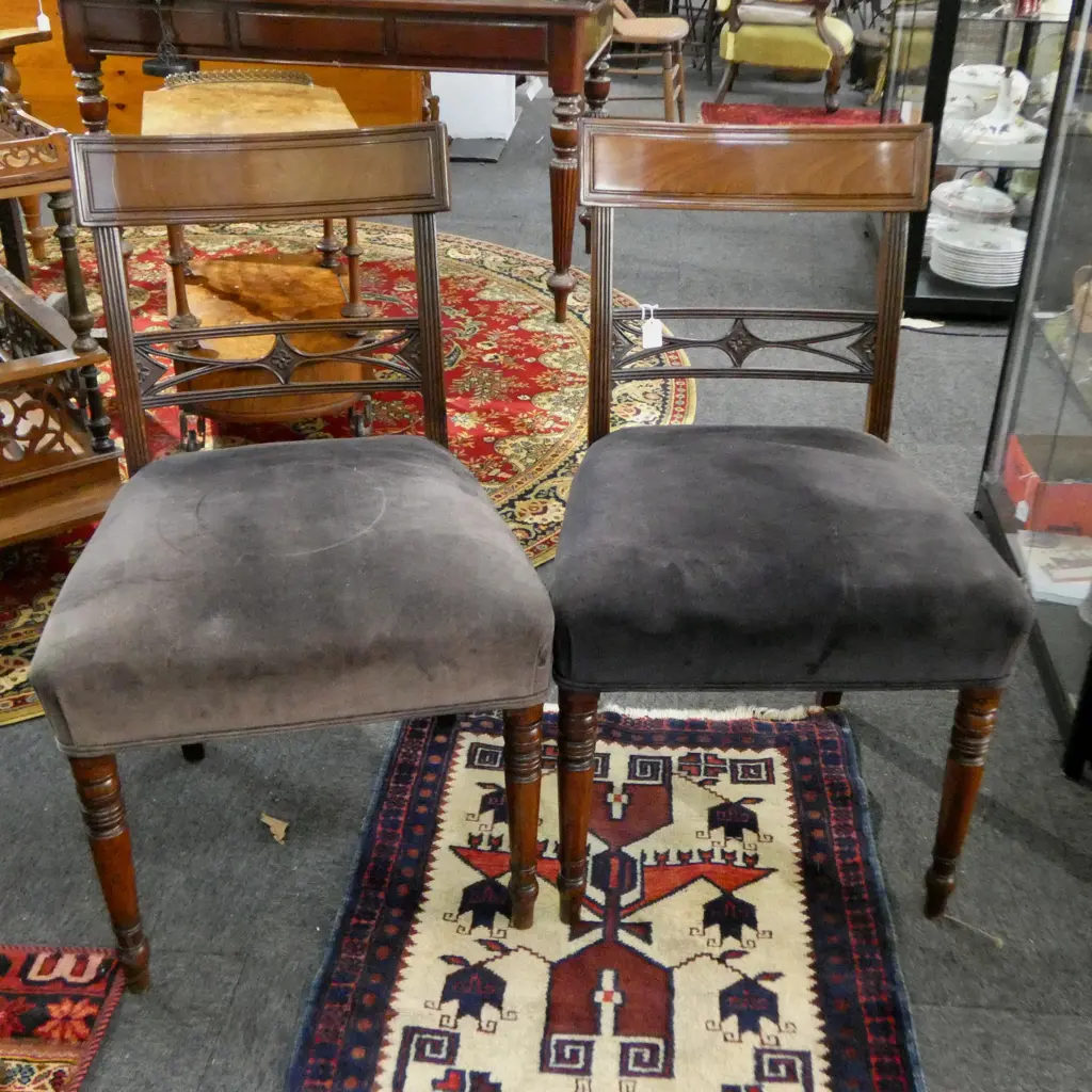 PR ANTIQUE GEO MAHOGANY BOWBACKED HALL CHAIRS CHARCOAL VELVET SEATS H840 W490MM Image 1++