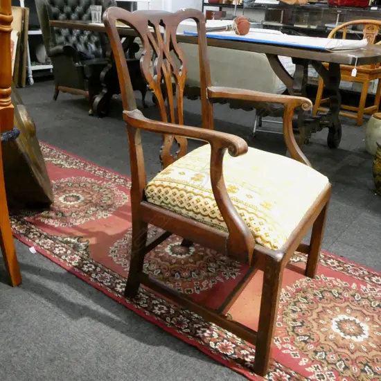 GEORGE III HEPPLEWHITE ARMCHAIR WITH PIERCED SPLAT BACK. OLD REPAIRS