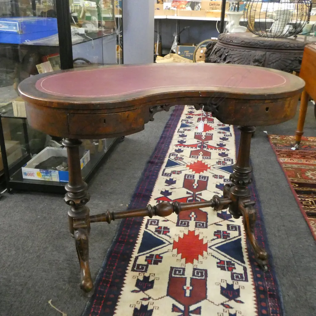 ANTIQUE VICT WALNUT KIDNEY SHAPED HALL TABLE 2 SMALL DRAWERS H700 L920 W450MM Image 1++