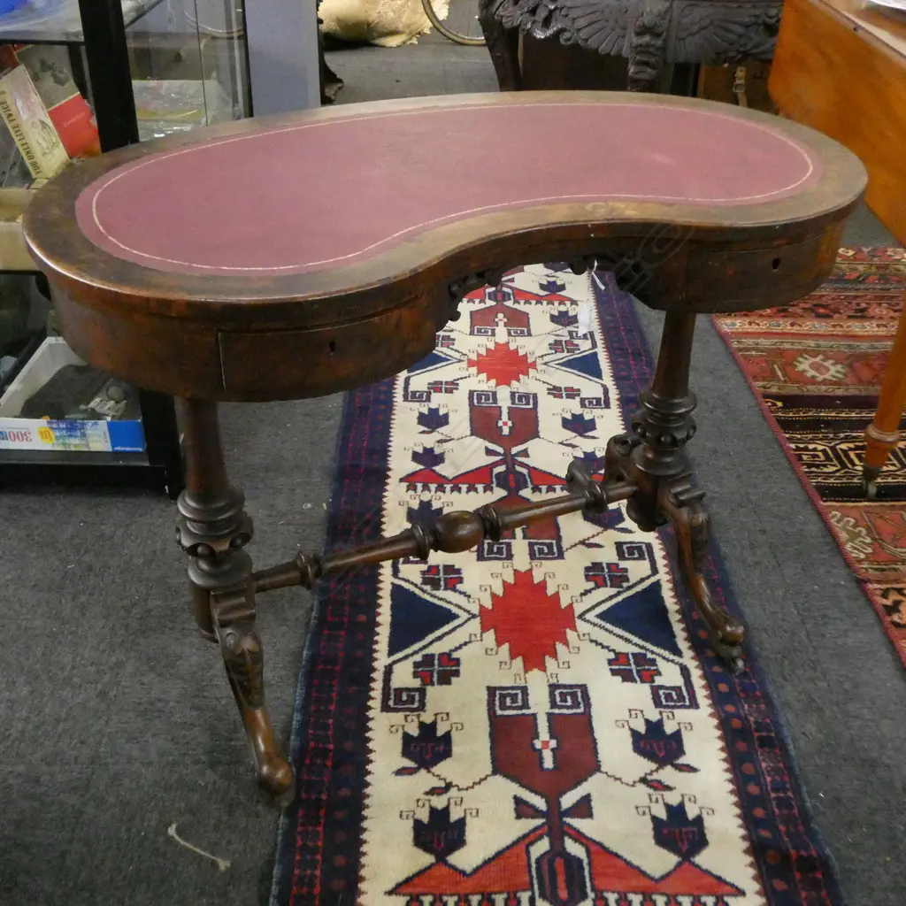 ANTIQUE VICT WALNUT KIDNEY SHAPED HALL TABLE 2 SMALL DRAWERS H700 L920 W450MM Image 1++
