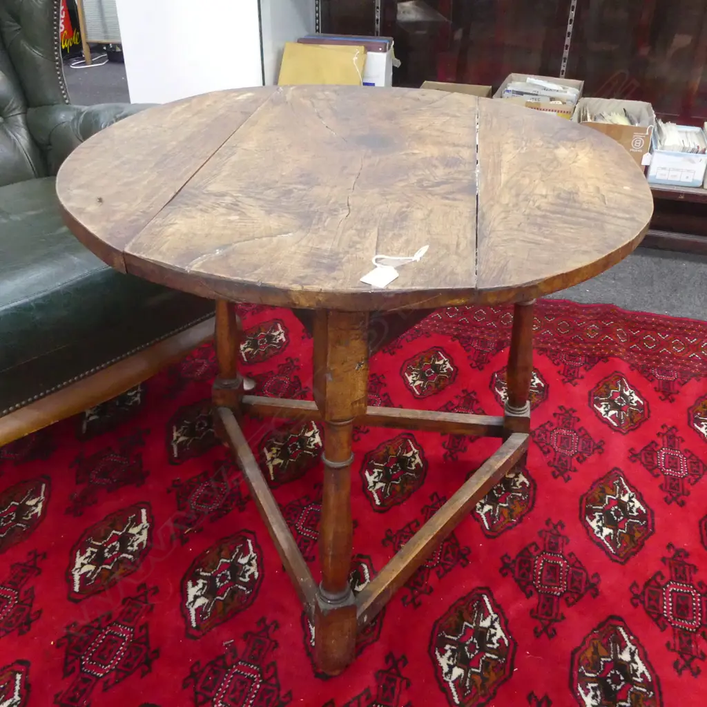 19thC COUNTRY OAK 3 LEGGED SIDE TABLE with stretcher base. 3 plank top Image 1++
