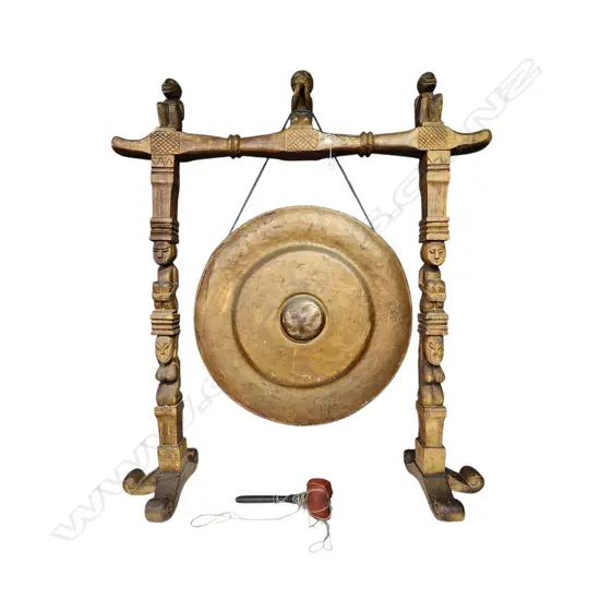 LARGE OLD ORIENTAL BRONZED GONG in carved hard figural frame w knocker. Ex. Monsoon Poon restaurant Auckland H.1500mm