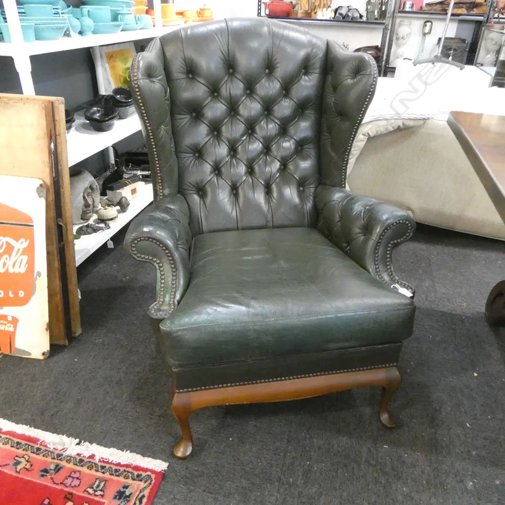 GREEN LEATHER WINGBACK CHAIR SOME WEAR Image 1++