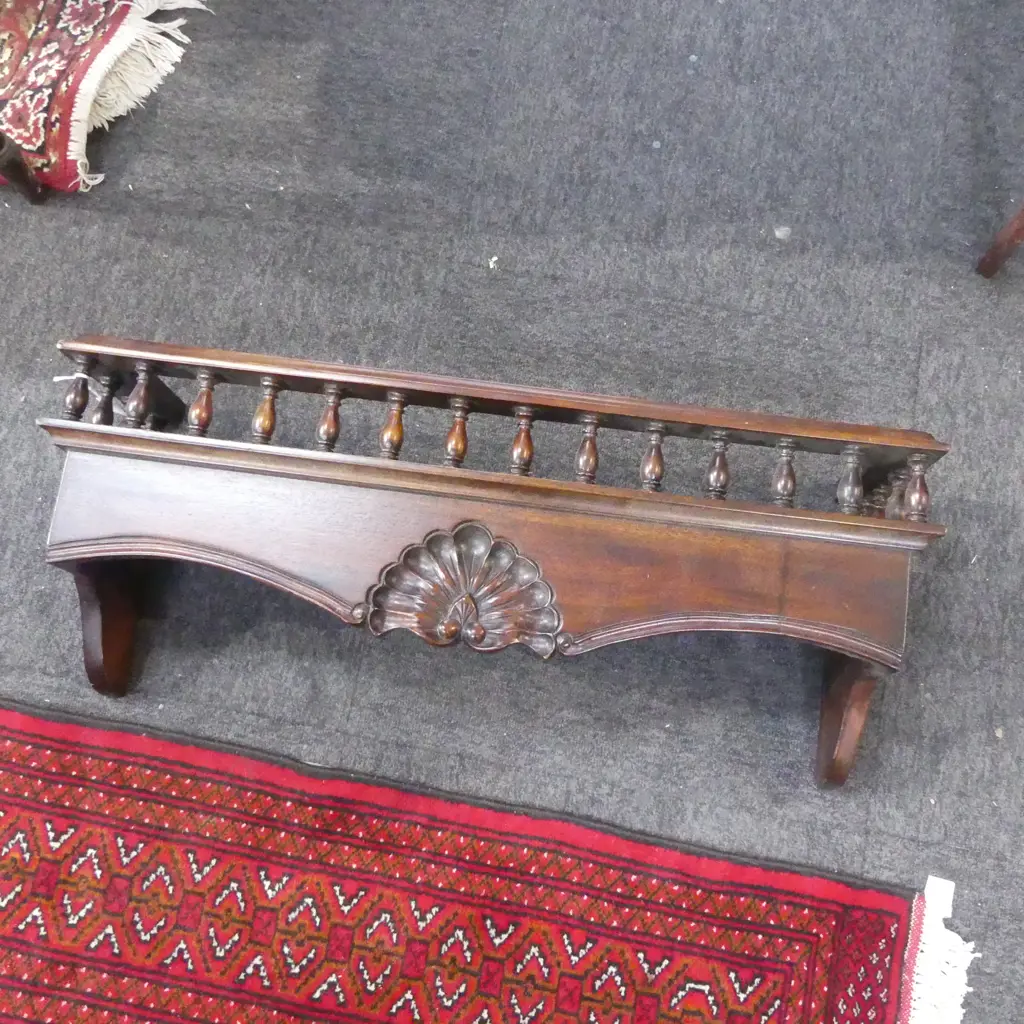 CARVED MAHOGANY SHELF w. TURNED GALLERY W.760mm Image 1++