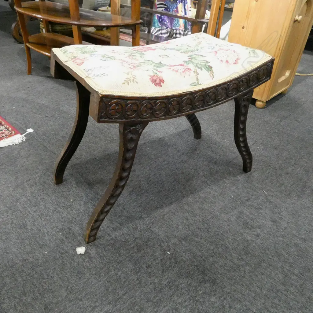 c1900 OAK CARVED FRAME STOOL WITH CURVED TOP Image 1++
