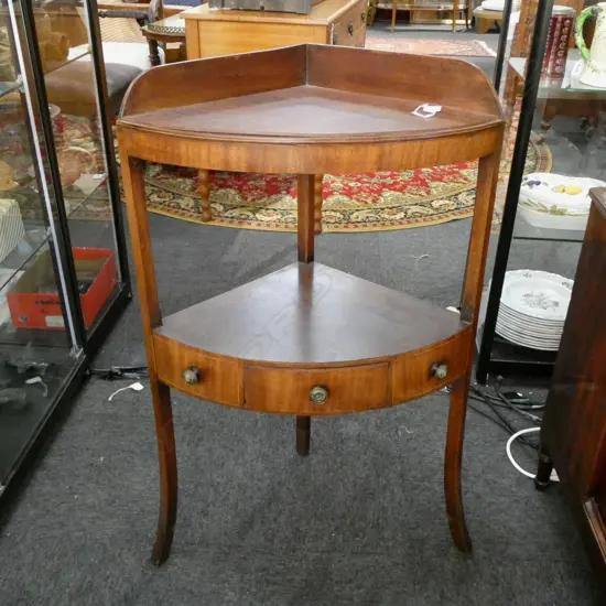 GEORGE III MAHOGANY CORNER STAND 2 SHELF 1 DRAWER H.880mm