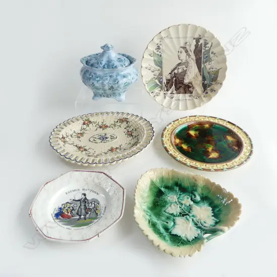 6 PCES ANTIQUE CHINA; 5 PLATES + LIDDED DISH