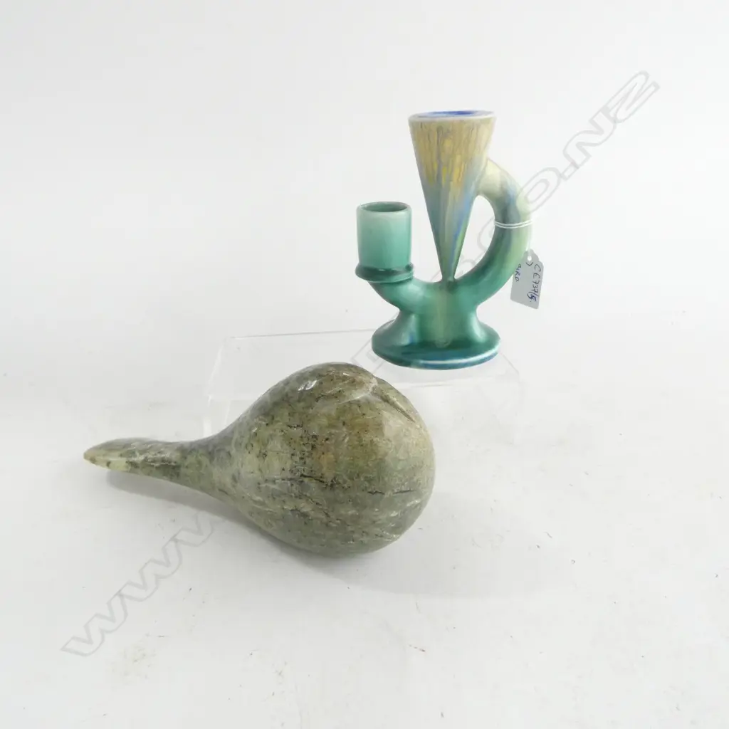 EMPIRE WARE CANDLESTICK H.140mm + CARVED STONE BIRD L.205mm Image 1++