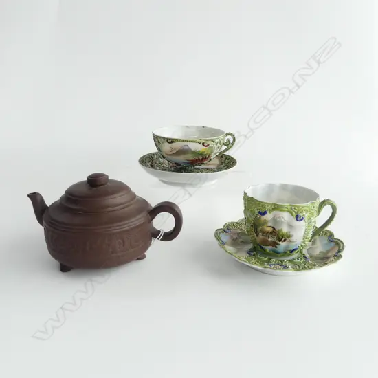 2 ORIENTAL C/S + YIXING WARE TEAPOT