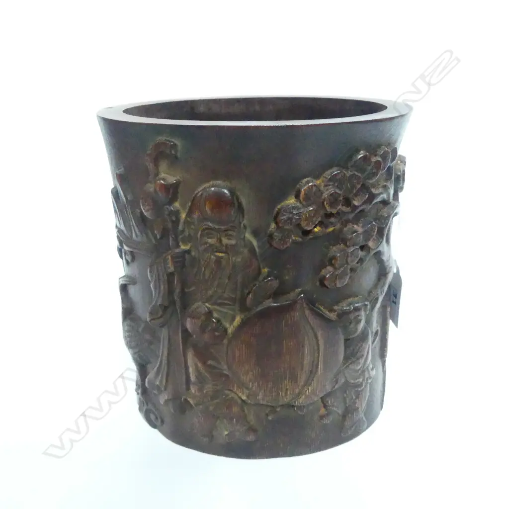CHINESE CARVED BAMBOO BRUSH POT H.165mm Image 1++